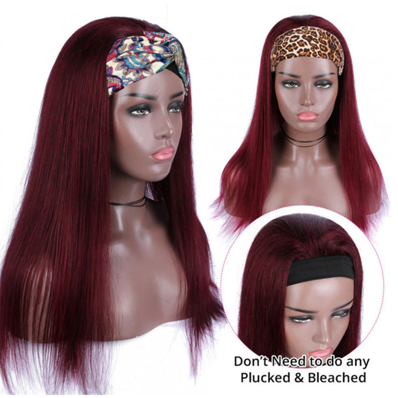 Rose Hair Glueless Headband Wig Human Virgin Hair Burgundy Red Color Hair Straight Wig Easily Install - Rose Hair