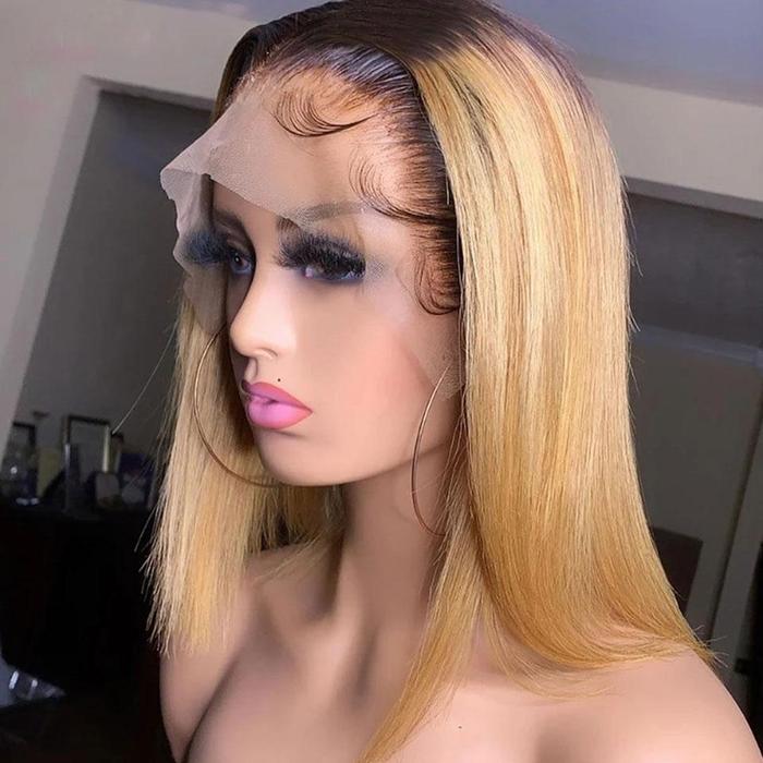 Rose Hair Black Roots Ombre Honey Brown Bob Straight Lace Wig - Rose Hair