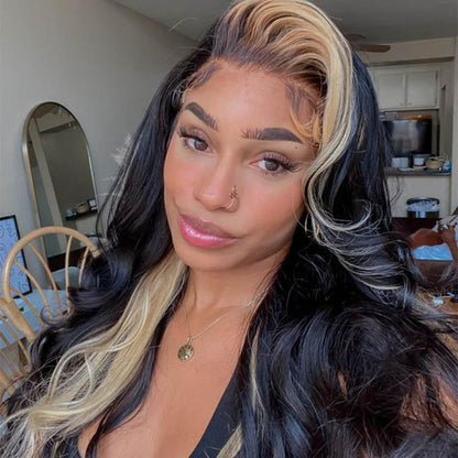 Skunk Stripe Hair Natural Body Wave Black Wig With Honey Blonde Highlights Lace Front Wigs(Tiktok Trend Hair)