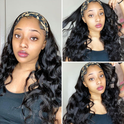 RoseHair Body Wave Headband Wig Glueless Human Hair Wig With Pre-attached Scarf Half Wig 150% Density - Rose Hair