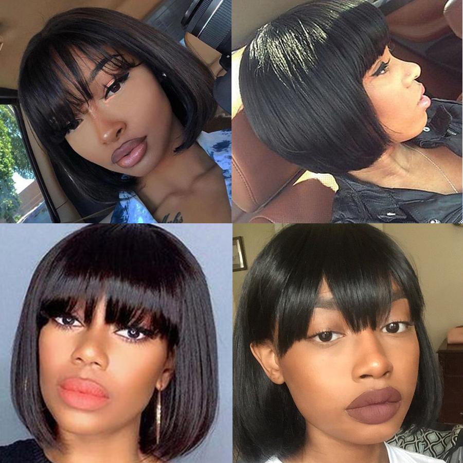 RoseHair 15A Brazilian Straight Hair  Human Hair Wig Bob Wig With Free Part Bangs Machine Made Glueless Breathable Wig Supper Soft Affordable - Rose Hair