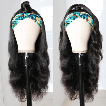 RoseHair Body Wave Headband Wig Glueless Human Hair Wig With Pre-attached Scarf Half Wig 150% Density - Rose Hair