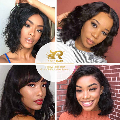 Body Wave Short Bob Wigs 13x4 Brazilian Lace Front Human Hair Wigs Pre Plucked Hairline 150% Density - Rose Hair