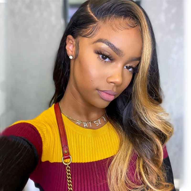 Skunk Stripe Hair Natural Body Wave Black Wig With Honey Blonde Highlights Lace Front Wigs(Tiktok Trend Hair)